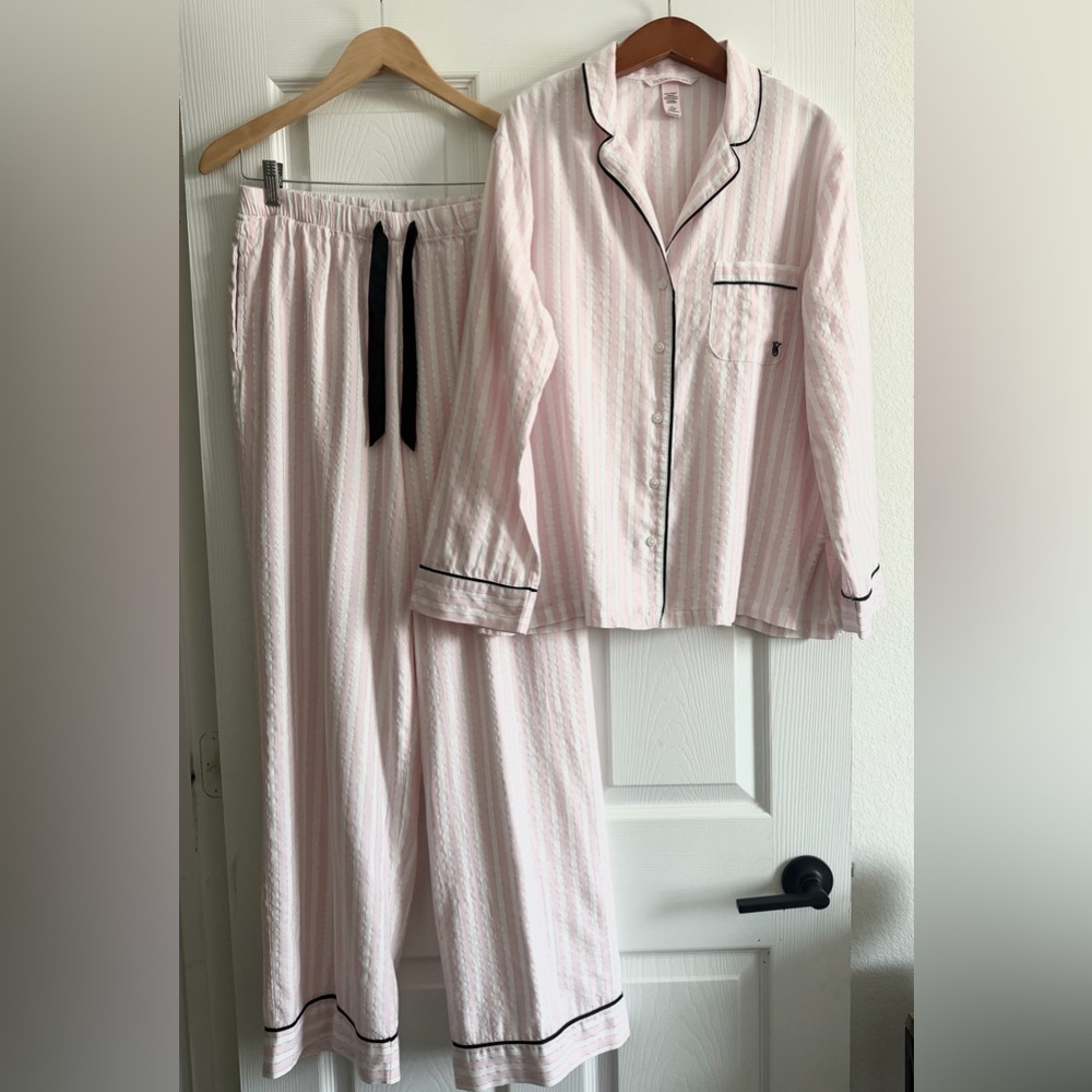 Victoria's Secret Pink Striped Two-Piece Pajama Set with Black Trim